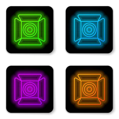 Parlayan neon hattı spot ışığı simgesi beyaz arkaplanda izole edildi. Işık efekti. Sahne, Stüdyo, Gösteri. Siyah kare düğme. Vektör.
