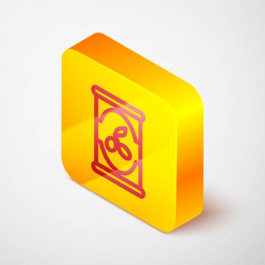 Gri arkaplanda izole edilmiş Isometric çizgisi zeytin kutusu simgesi. Konserve yiyecek kavramı. Sarı kare düğme. Vektör.