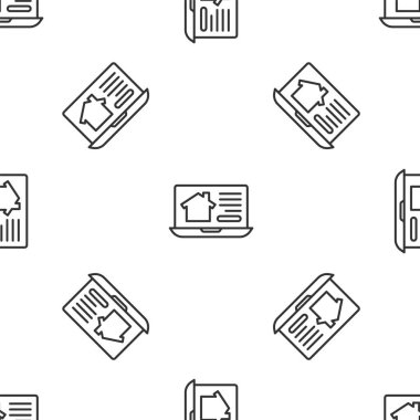 Dizüstü bilgisayar ikonundaki Gri Hat Çevrimiçi emlak evi beyaz arkaplandaki kusursuz deseni izole etti. Ev kredisi konsepti, kira, satın alma, mülk alma. Vektör