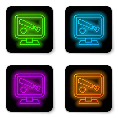 Parlak neon hattı monitörü, beyaz arkaplanda izole edilmiş bir ekran simgesi ve beyzbol topu ile. Çevrimiçi beyzbol maçı. Siyah kare düğme. Vektör