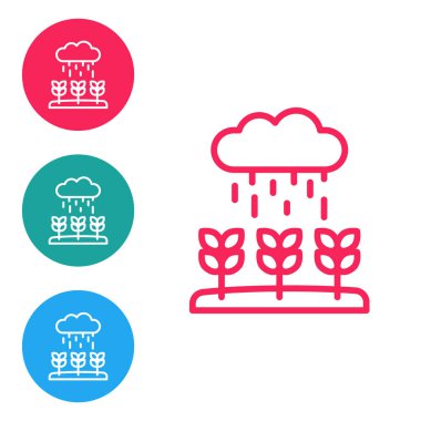 Beyaz arka planda izole edilmiş yağmur ikonunda kırmızı çizgili bitki filizleri yetişir. Tohumlama konsepti. Simgeleri daire düğmelerine ayır. Vektör