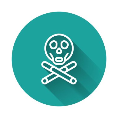 Beyaz çizgi kemikleri ve kafatası toksik uyarı simgesi olarak izole edilmiş uzun gölge arkaplanı. Yeşil daire düğmesi. Vektör