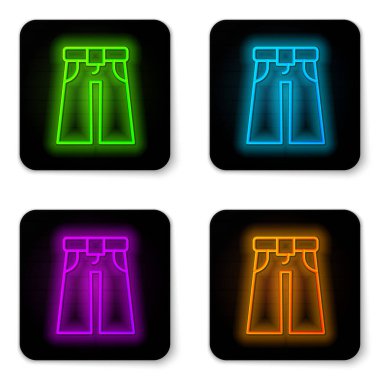 Parlayan neon çizgisi Jeans geniş simgesi beyaz arkaplanda izole edildi. Siyah kare düğme. Vektör