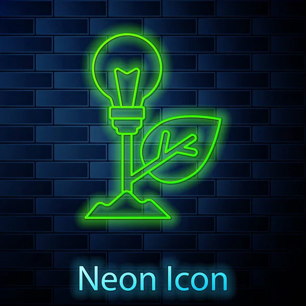 Zářící Neonová Čára Žárovka Ikonou Listu Izolovaná Pozadí Cihlové Stěny — Stockový vektor