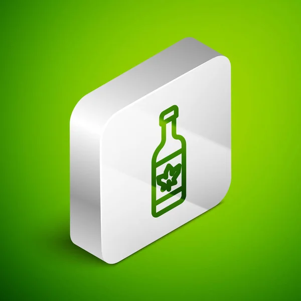 Изометрическая Линия Значок Бутылки Пива Изолирован Зеленом Фоне Серебряная Кнопка — стоковый вектор