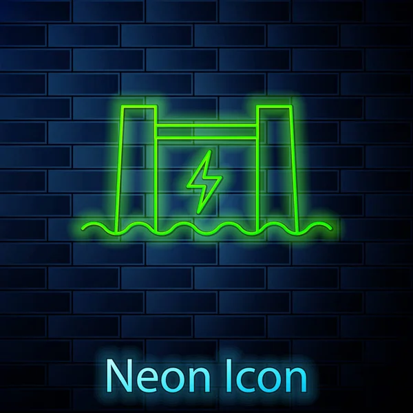 Zářící Neonová Čára Ikona Vodní Přehrady Izolovaná Pozadí Cihlové Stěny — Stockový vektor