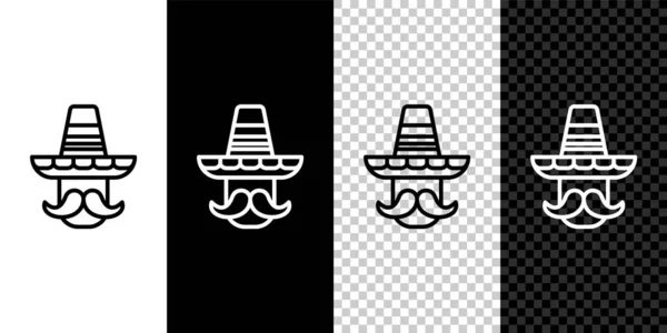 Set Line Mexican Man Wearing Sombrero Icon Isolated Black White — Stock Vector