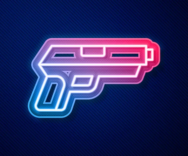 Gloeiende Neon Lijn Pistol Pistool Pictogram Geïsoleerd Blauwe Achtergrond Politie — Stockvector
