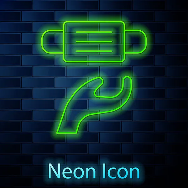 Ragyogó Neon Vonal Orvosi Védő Maszk Ikon Elszigetelt Téglafal Háttér — Stock Vector