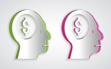 Kağıt kesiği İşadamı 'nın gri arka planda izole edilmiş zihin ikonu planlaması. Dolarlı kafa. Para kazanmak için bir fikir. Yatırım artışı. Kağıt sanatı tarzı. Vektör