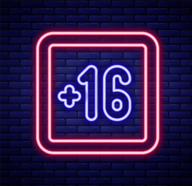 Parlayan neon hattı artı 16 film ikonu tuğla duvar arkasında izole edilmiş. Yetişkin içeriği. On altı artı ikon. Sansürlü iş konsepti. Renkli taslak konsepti. Vektör