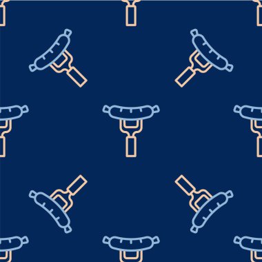 Çatal simgesindeki çizgili sosis mavi arkaplanda izole edilmiş. Izgara sosis ve aroma işareti. Vektör