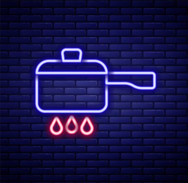 Parlayan neon hattı, yanan tencerelerde pişirme ikonu tuğla duvar arkasında izole edilmiş. Haşlama ya da güveç besin sembolü. Renkli taslak konsepti. Vektör