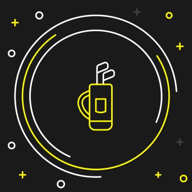 Siyah arka planda golf sopası simgesi olan çizgi golf çantası. Renkli taslak konsepti. Vektör