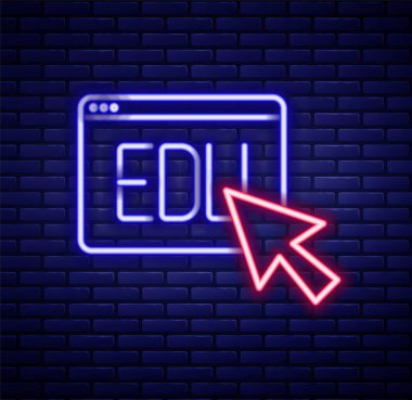 Parlayan neon hattı Çevrimiçi eğitim ve mezuniyet ikonu tuğla duvar arkasında izole edildi. İnternetteki öğretmen monitörde. Giyinme ve video semineri öğrenme. Renkli taslak konsepti. Vektör