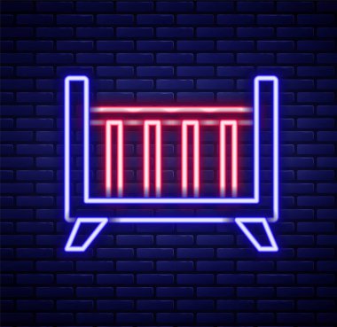 Parlak neon hattı Bebek Beşiği yatak ikonu tuğla duvar arka planında izole edilmiş. Renkli taslak konsepti. Vektör