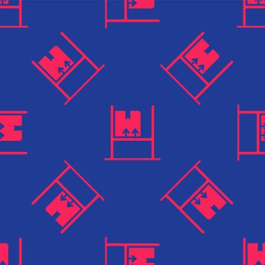 Kırmızı Depo 'nun içi mavi arka planda izole edilmiş raf simgesi kutularıyla dolu. Lojistik, kargo, paket depolama posta servisi. Vektör