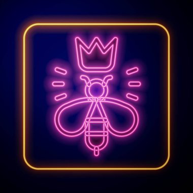 Siyah arkaplanda parlayan neon rengi kraliçe arı ikonu var. Tatlı doğal yemek. Bal arısı ya da kanat sembollü apis. Uçan böcek. Vektör