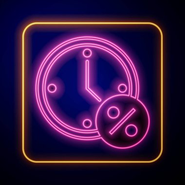 Parlayan neon saat ve yüzde indirim simgesi siyah arkaplanda izole edilmiş. Vektör