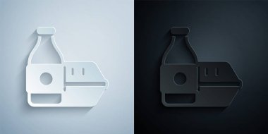 Kağıt kesiği Çevrimiçi sipariş verme ve fast food dağıtım ikonu gri ve siyah arka planda izole edilmiş. Kağıt sanatı tarzı. Vektör