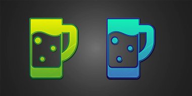 Siyah arka planda izole edilmiş yeşil ve mavi bira ikonu. Vektör