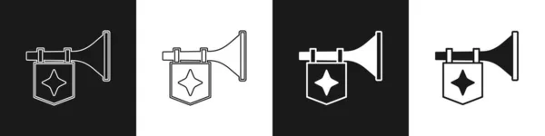 Nastavit Trumpetu Ikonou Vlajky Izolované Černobílém Pozadí Hudební Nástroj Trumpeta — Stockový vektor