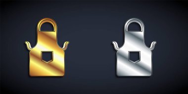 Altın ve gümüş mutfak önlüğü simgesi siyah arka planda izole edildi. Yemek pişirmek için şef üniforması. Uzun gölge tarzı. Vektör