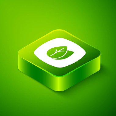 Isome Yaprak simgesi yeşil arkaplanda izole edildi. İşaret bırakıyor. Taze doğal ürün sembolü. Yeşil kare düğmesi. Vektör