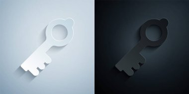 Kağıt, gri ve siyah arkaplanda izole edilmiş eski sihirli anahtar simgesi. Kağıt sanatı tarzı. Vektör