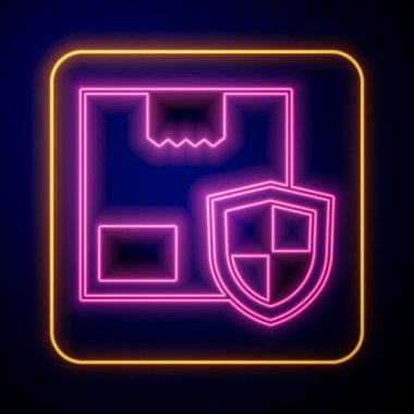 Parlayan neon dağıtım güvenliği ve siyah arka planda izole edilmiş kalkan ikonu. Teslimat sigortası. Kalkanın ötesinde sigorta kutuları var. Vektör