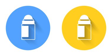 Beyaz terleme önleyici deodorant rulo ikonu uzun gölge arkaplan izole. Vücut hijyeni için kozmetik. Çember düğmesi. Vektör