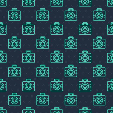 Yeşil çizgi ilk yardım seti simgesi mavi arkaplandaki kusursuz deseni izole etti. Haçlı sağlık kutusu. Acil durumlar için tıbbi ekipman. Sağlık sigortası konsepti. Vektör