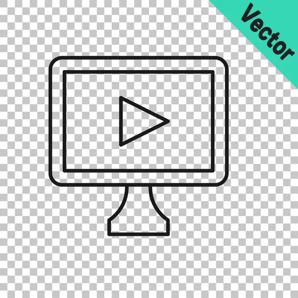 Black Line Online Play Video Icon Isolated Transparent Background Film — Stock Vector