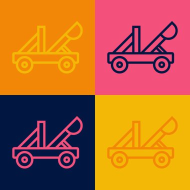 Pop sanat çizgisi Eski ortaçağ ahşap mancınık atış taşları ikonu renk arkaplan izole. Vektör