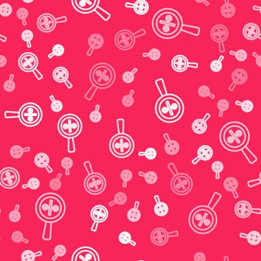 İndirimli yüzde ikonlu beyaz çizgi büyüteç kırmızı arka planda izole edilmiş kusursuz desen. İndirimli aramalar. İndirim tabelasını ara. Vektör