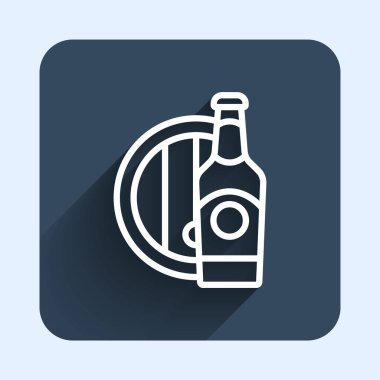 Beyaz çizgi bira şişesi ve uzun gölge arkaplan izole ahtan fıçı ikonu. Mavi kare düğme. Vektör