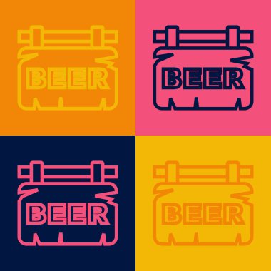 Renkli arka planda izole edilmiş bira ikonu yazılı Pop Art Line Street tabelaları. Reklamlar için uygun bar, kafe, bar, restoran. Vektör