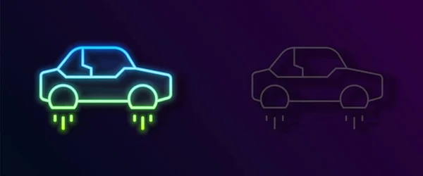 发光的霓虹灯线神奇的飞车图标隔离在黑色背景 飞车未来的技术未来的运输 — 图库矢量图片