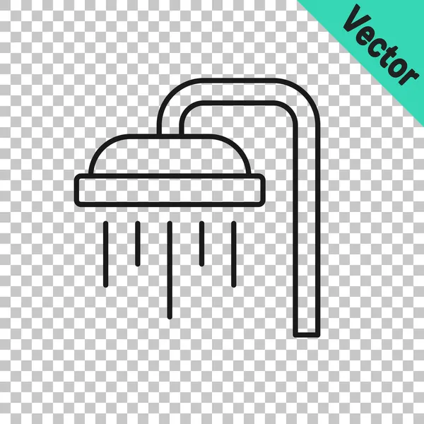 Black Line Shower Head Water Drops Flowing Icon Isolated Transparent — Stock Vector