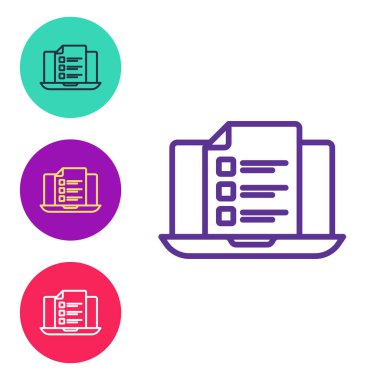 Satır çevrimiçi sınav, test, inceleme ya da kontrol listesi simgesini beyaz arkaplanda izole et. Sınav listesi. E-eğitim konsepti. Simgeleri renklendirin. Vektör