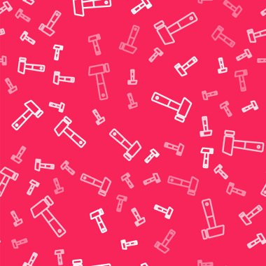 Beyaz çizgi çekiç simgesi kırmızı arkaplanda izole edilmiş. Tamir için bir araç. Vektör