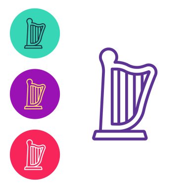 Harp simgesini beyaz arkaplanda izole et. Klasik müzik enstrümanı, orkestra akustik elementi. Simgeleri renklendirin. Vektör