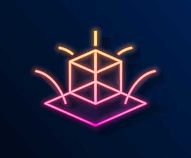 Parlayan neon hattı 3D modelleme simgesi siyah arkaplanda izole edildi. Artırılmış gerçeklik mi yoksa sanal gerçeklik mi? Vektör