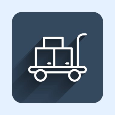 Beyaz çizgi Trolley çanta ikonu uzun gölge arkaplan izole. Seyahat bagaj tabelası. Seyahat bagaj ikonu. Mavi kare düğme. Vektör