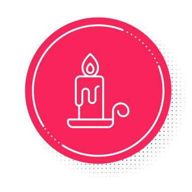 Beyaz çizgide yanan mum beyaz arkaplanda izole edilmiş bir şamdan ikonu. Silindirik mum çubuğu ve yanan ateş. Kırmızı daire düğmesi. Vektör