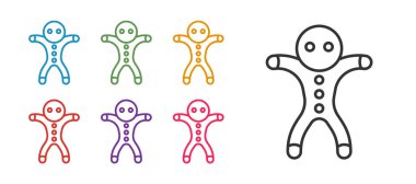 Beyaz arka planda izole edilmiş Holiday zencefilli kurabiye ikonu. Kurabiye, insan şeklinde ve kremalı. Simgeleri renklendirin. Vektör