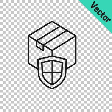 Şeffaf arkaplanda kalkan simgesi olan siyah hat teslimat güvenliği. Teslimat sigortası. Kalkanın ötesinde sigorta kutuları var. Vektör