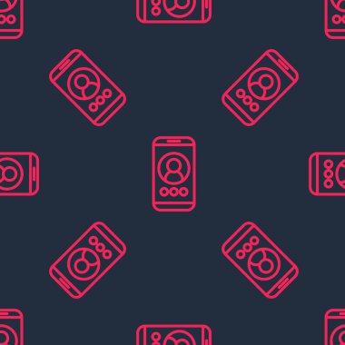 Kırmızı çizgi görüntülü sohbet konferans simgesi siyah arkaplanda izole edilmiş kusursuz desen. Çevrimiçi iş görüşmesi formu. Uzak proje yönetimi. Vektör