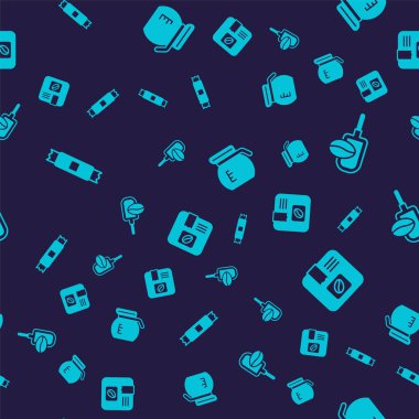 Şeker çubuğu paketleri, kahve taneli Spatula, kahve demliği ve poşet fasulyeleri kusursuz desenli. Vektör