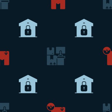 Karton karton kutu, kutularla dolu depo ve kusursuz desenli kapalı depo. Vektör